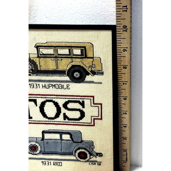 Framed "Antique Autos" Vintage Cross Stitch Wall Art Auto Enthusiasts Man Cave D - Picture 4 of 6